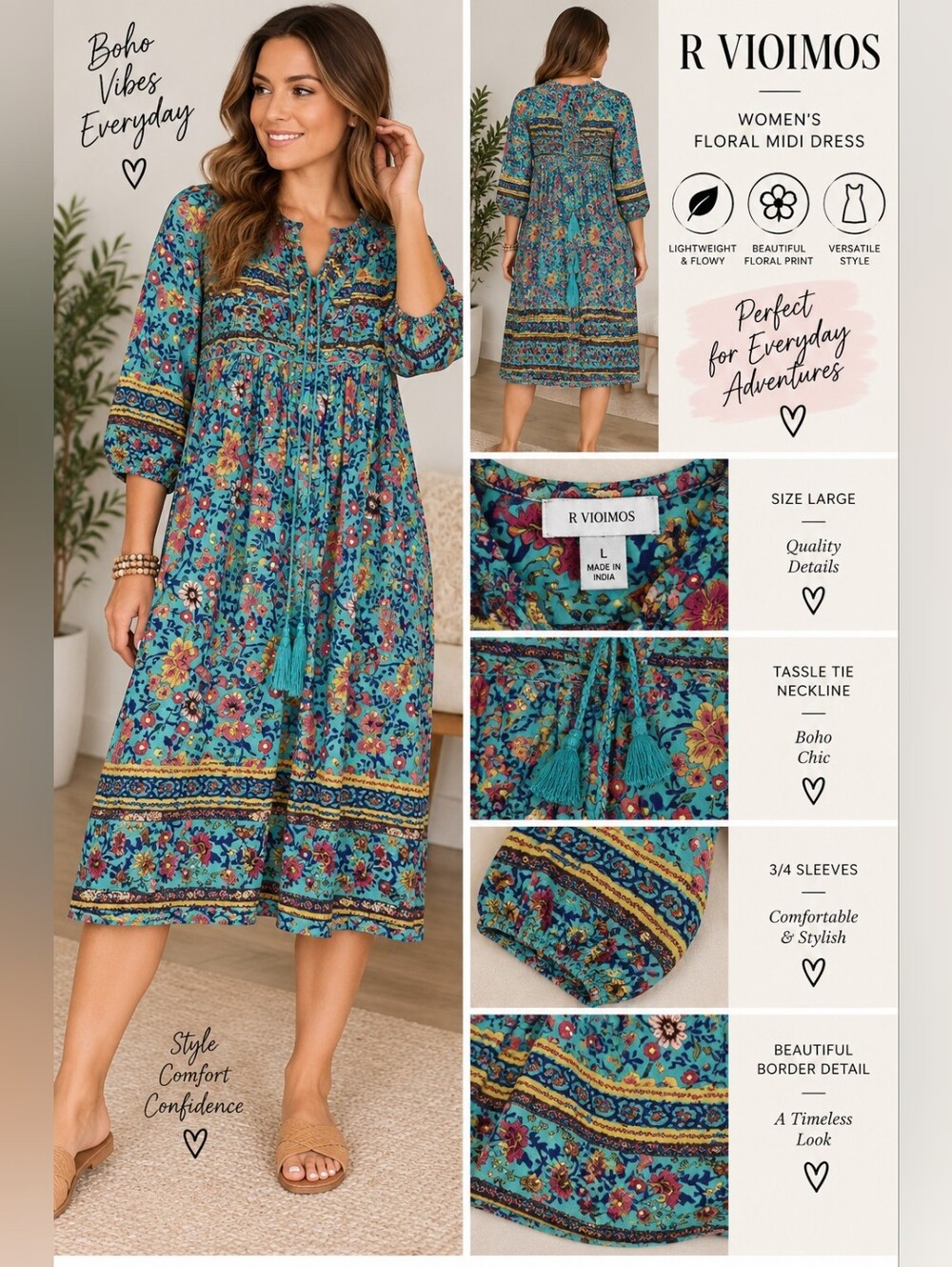 R vioimos Women's large blue pink floral midi dress #30